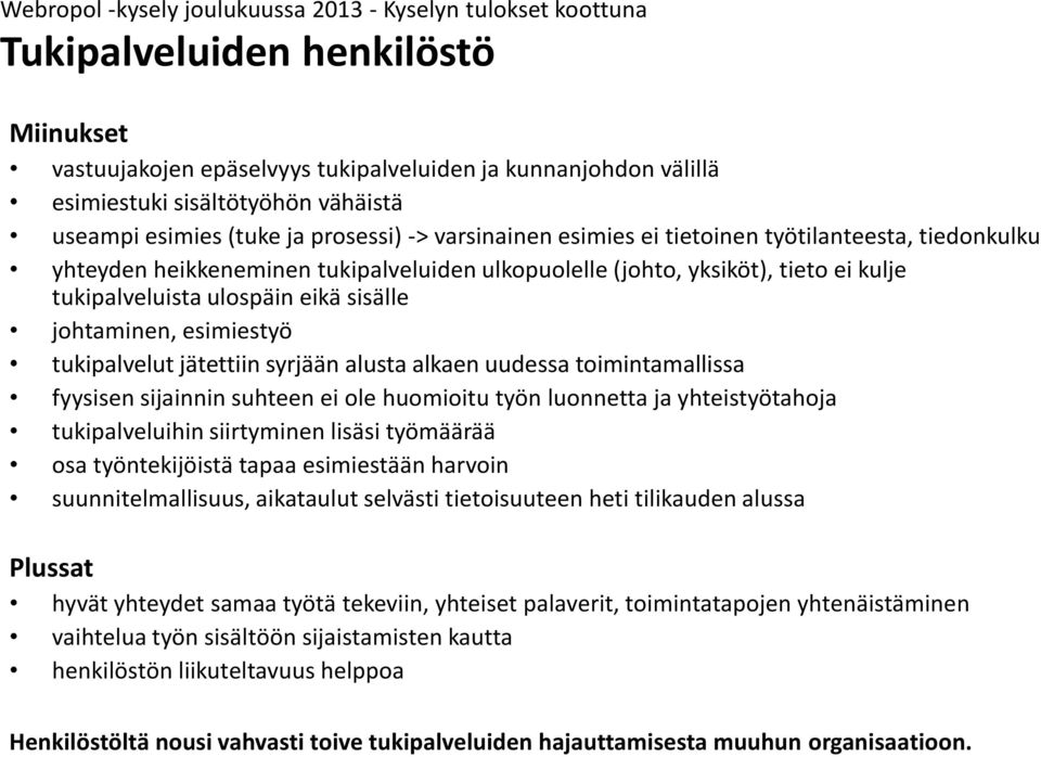 ulospäin eikä sisälle johtaminen, esimiestyö tukipalvelut jätettiin syrjään alusta alkaen uudessa toimintamallissa fyysisen sijainnin suhteen ei ole huomioitu työn luonnetta ja yhteistyötahoja