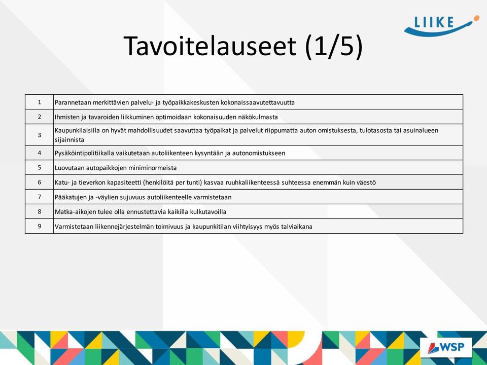 autoliikenteen kysyntään ja autonomistukseen 5 Luovutaan autopaikkojen miniminormeista 6 Katu- ja tieverkon kapasiteetti (henkilöitä per tunti) kasvaa ruuhkaliikenteessä suhteessa enemmän kuin