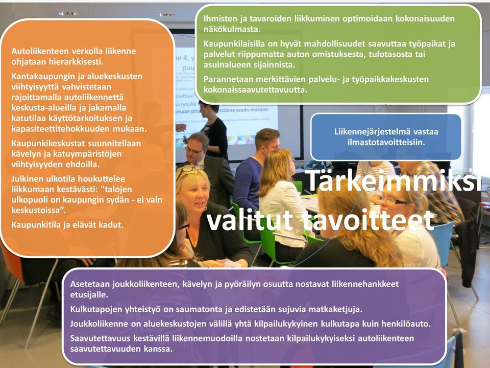 Kaupunkikeskustat suunnitellaan kävelyn ja katuympäristöjen viihtyisyyden ehdoilla. Julkinen ulkotila houkuttelee liikkumaan kestävästi: "talojen ulkopuoli on kaupungin sydän - ei vain keskustoissa.