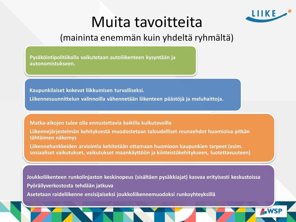 Matka-aikojen tulee olla ennustettavia kaikilla kulkutavoilla Liikennejärjestelmän kehityksestä muodostetaan taloudelliset reunaehdot huomioiva pitkän tähtäimen näkemys Liikennehankkeiden arviointia