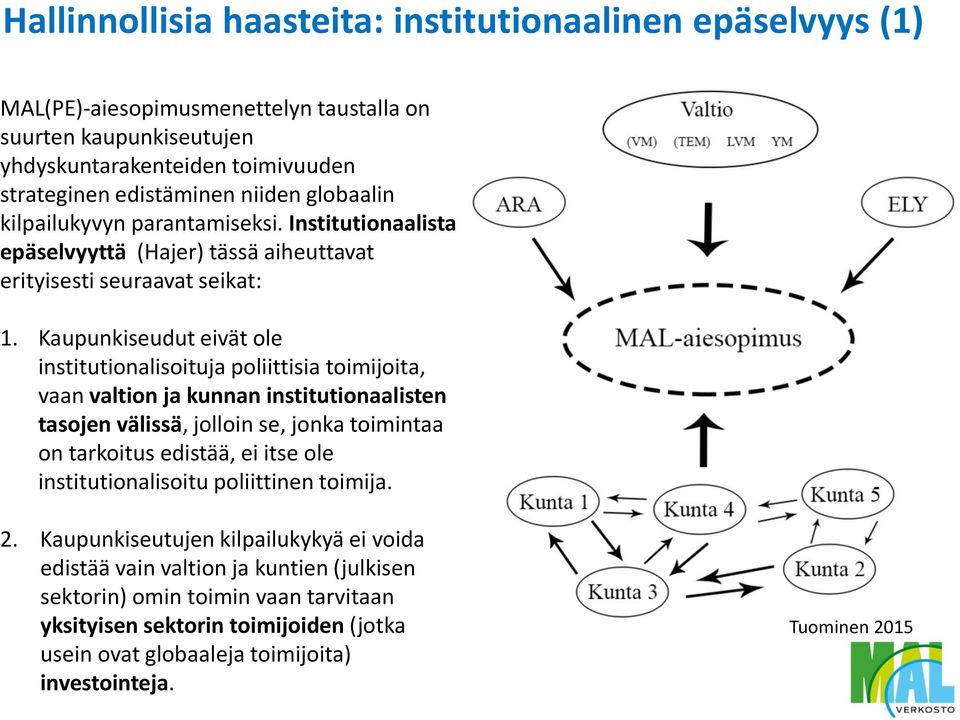 Kaupunkiseudut eivät ole institutionalisoituja poliittisia toimijoita, vaan valtion ja kunnan institutionaalisten tasojen välissä, jolloin se, jonka toimintaa on tarkoitus edistää, ei itse ole