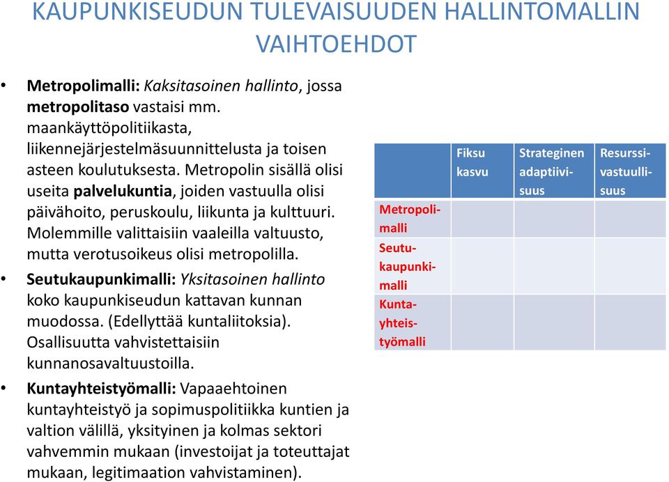 Metropolin sisällä olisi useita palvelukuntia, joiden vastuulla olisi päivähoito, peruskoulu, liikunta ja kulttuuri.