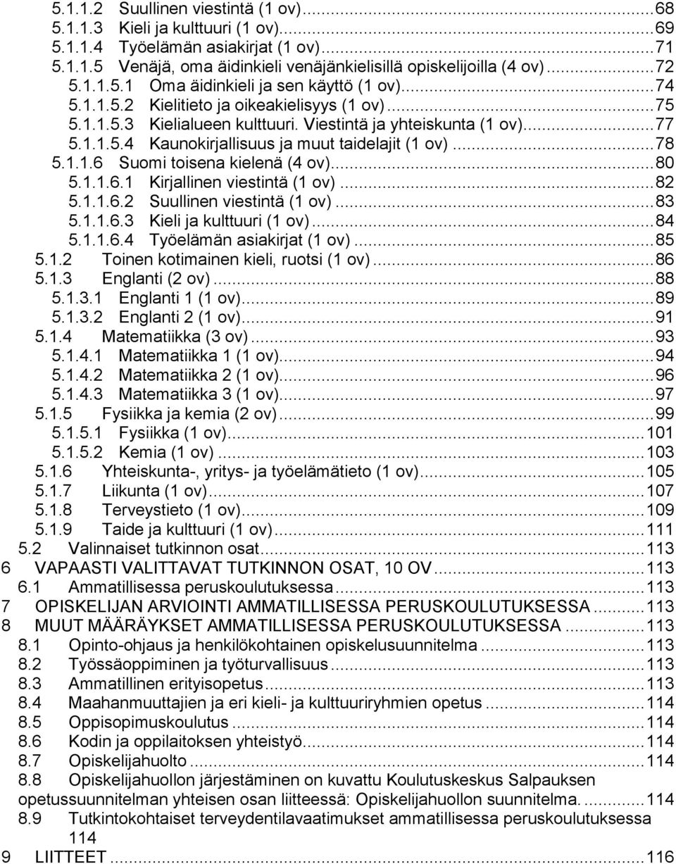 .. 78 5.1.1.6 Suomi toisena kielenä (4 ov)... 80 5.1.1.6.1 Kirjallinen viestintä (1 ov)... 82 5.1.1.6.2 Suullinen viestintä (1 ov)... 83 5.1.1.6.3 Kieli ja kulttuuri (1 ov)... 84 5.1.1.6.4 Työelämän asiakirjat (1 ov).