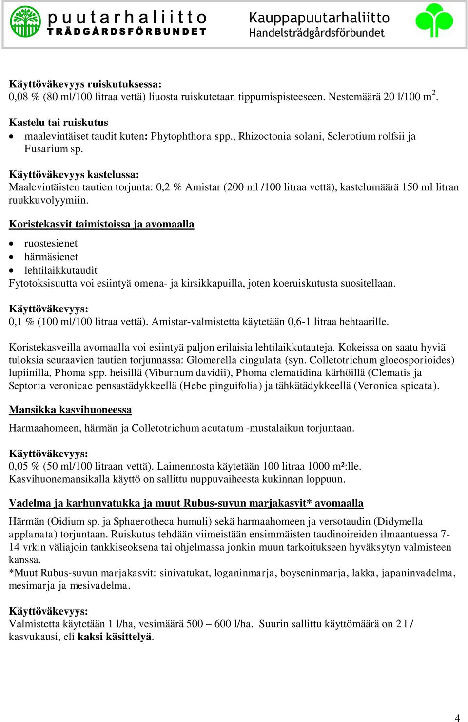 Käyttöväkevyys kastelussa: Maalevintäisten tautien torjunta: 0,2 % Amistar (200 ml /100 litraa vettä), kastelumäärä 150 ml litran ruukkuvolyymiin.