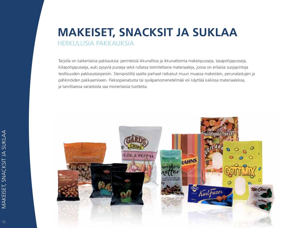 teollisuuden pakkaustarpeisiin. Stenqvistiltä saatte parhaat ratkaisut muun muassa makeisten, perunalastujen ja pähkinöiden pakkaamiseen.