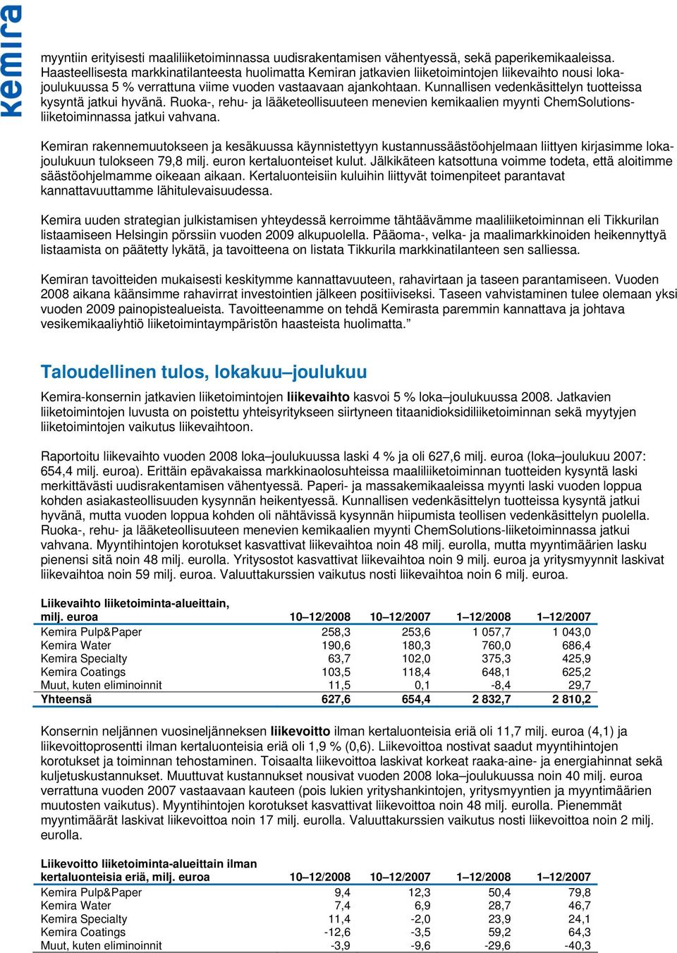 Kunnallisen vedenkäsittelyn tuotteissa kysyntä jatkui hyvänä. Ruoka-, rehu- ja lääketeollisuuteen menevien kemikaalien myynti ChemSolutionsliiketoiminnassa jatkui vahvana.