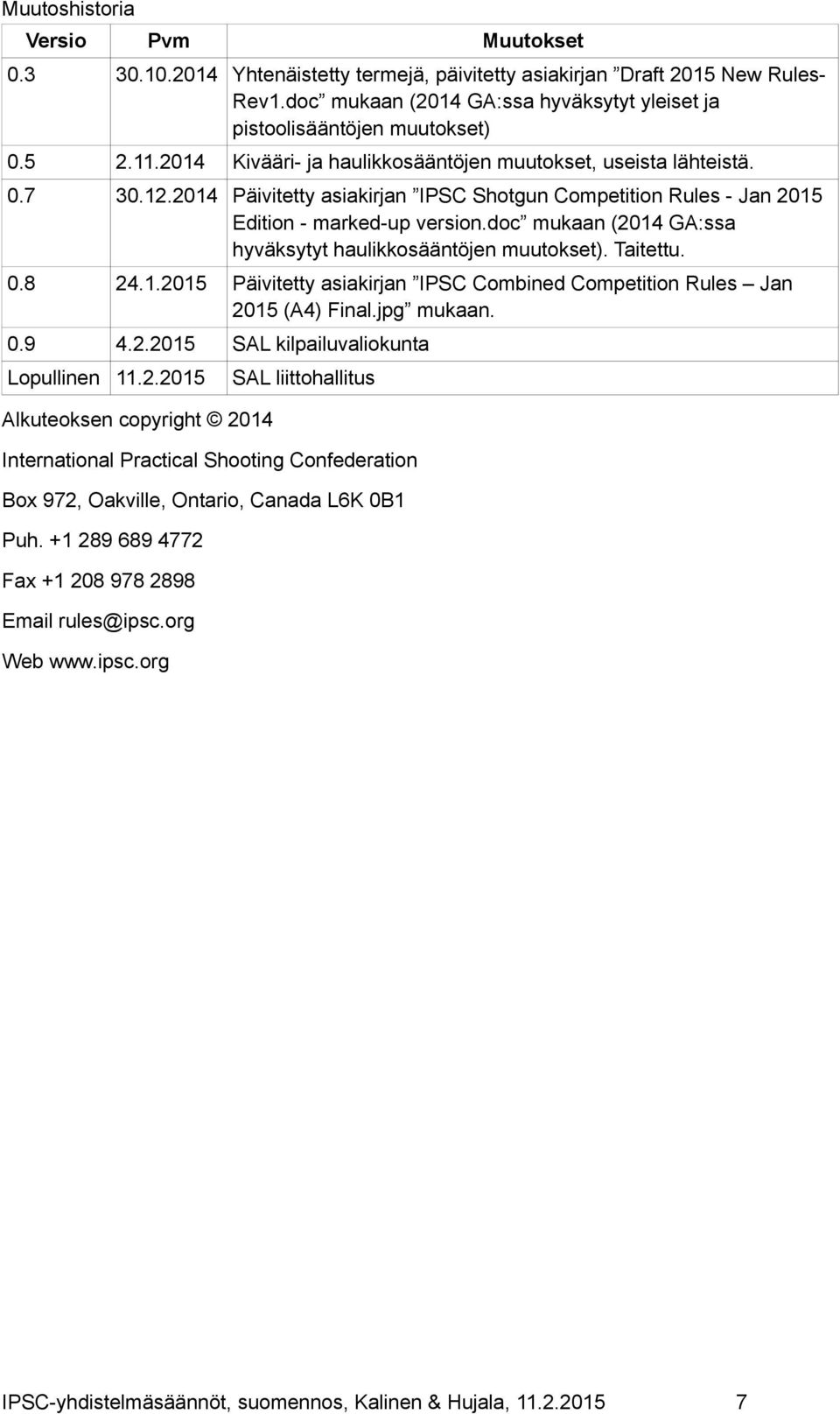 doc mukaan (2014 GA:ssa hyväksytyt haulikkosääntöjen muutokset). Taitettu. 0.8 24.1.2015 Päivitetty asiakirjan IPSC Combined Competition Rules Jan 2015 (A4) Final.jpg mukaan. 0.9 4.2.2015 SAL kilpailuvaliokunta Lopullinen 11.