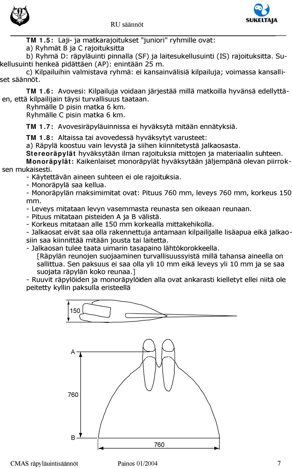 6: Avovesi: Kilpailuja voidaan järjestää millä matkoilla hyvänsä edellyttäen, että kilpailijain täysi turvallisuus taataan. Ryhmälle D pisin matka 6 km. Ryhmälle C pisin matka 6 km. TM 1.