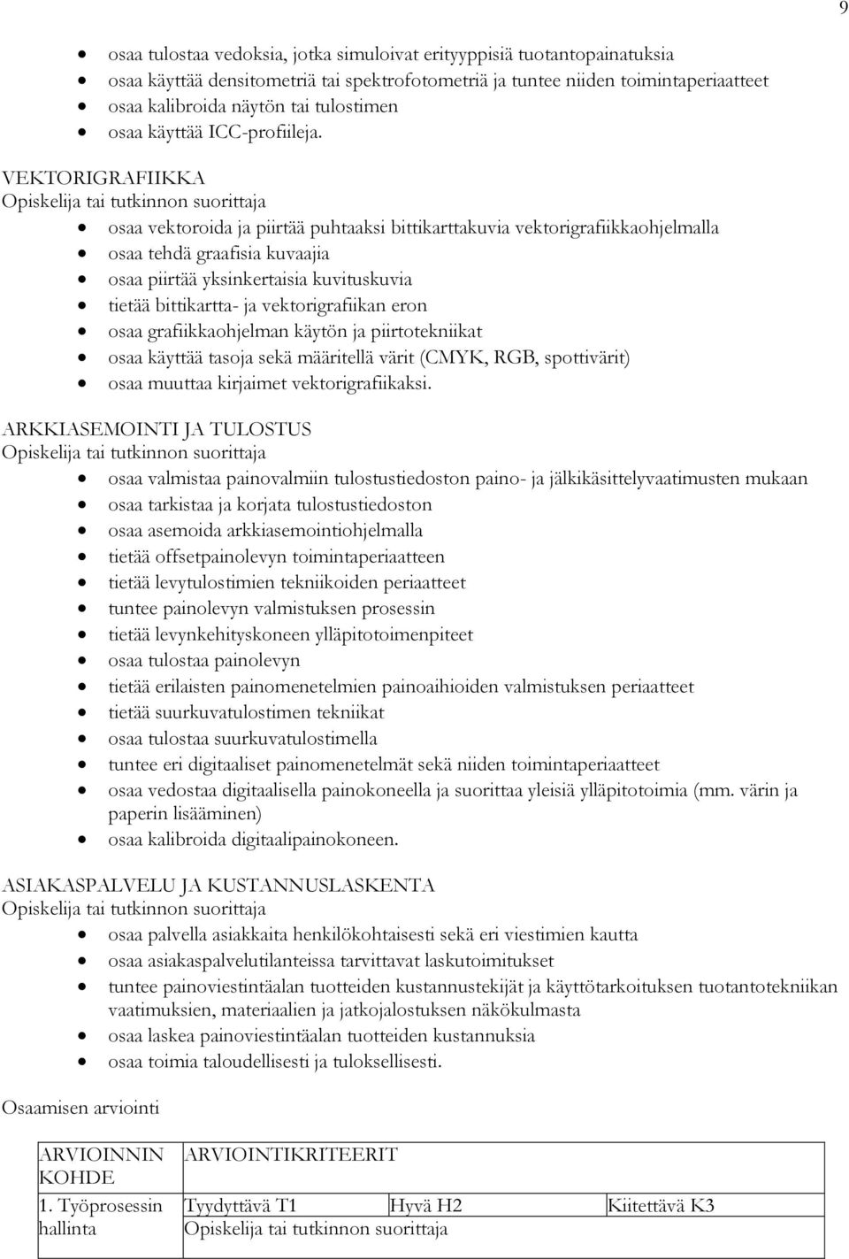 VEKTORIGRAFIIKKA tai tutkinnon suorittaja osaa vektoroida ja piirtää puhtaaksi bittikarttakuvia vektorigrafiikkaohjelmalla osaa tehdä graafisia kuvaajia osaa piirtää yksinkertaisia kuvituskuvia
