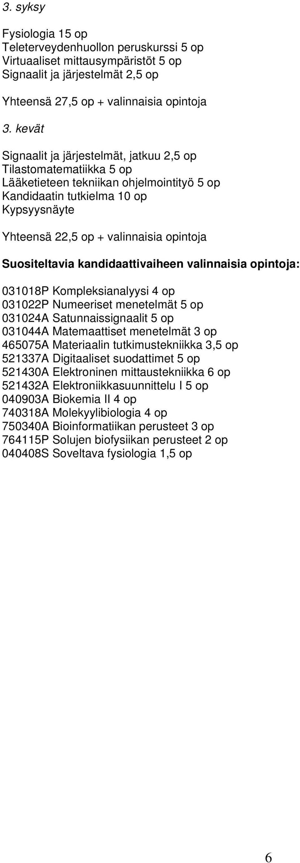 Suositeltavia kandidaattivaiheen valinnaisia opintoja: 031018P Kompleksianalyysi 4 op 031022P Numeeriset menetelmät 5 op 031024A Satunnaissignaalit 5 op 031044A Matemaattiset menetelmät 3 op 465075A