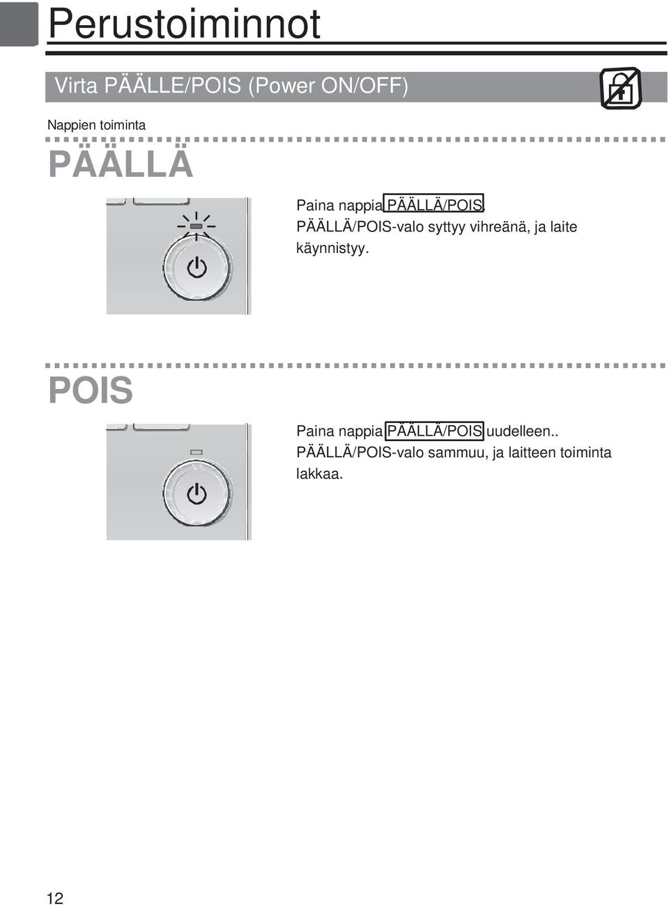 PÄÄLLÄ/POIS-valo syttyy vihreänä, ja laite käynnistyy.