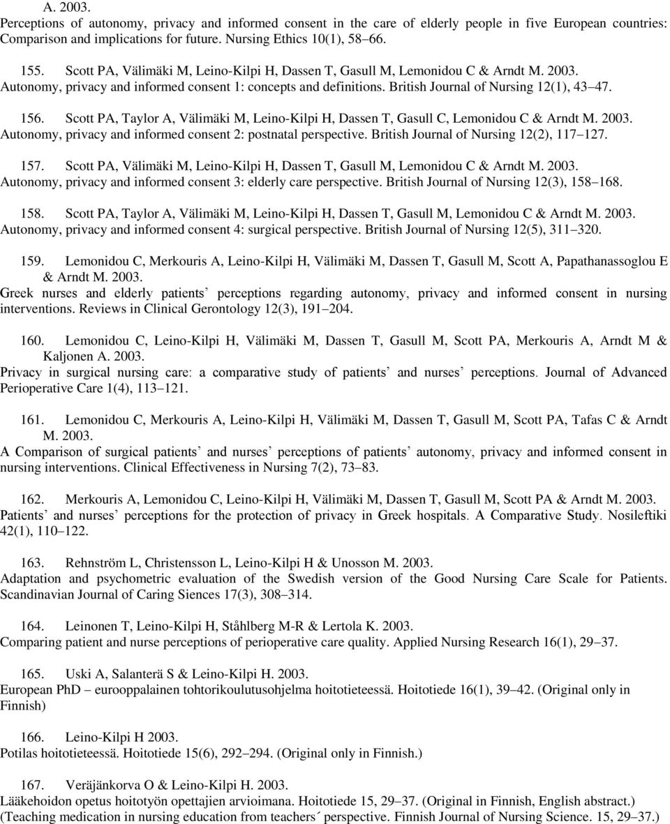 Scott PA, Taylor A, Välimäki M, Leino-Kilpi H, Dassen T, Gasull C, Lemonidou C & Arndt M. 2003. Autonomy, privacy and informed consent 2: postnatal perspective.