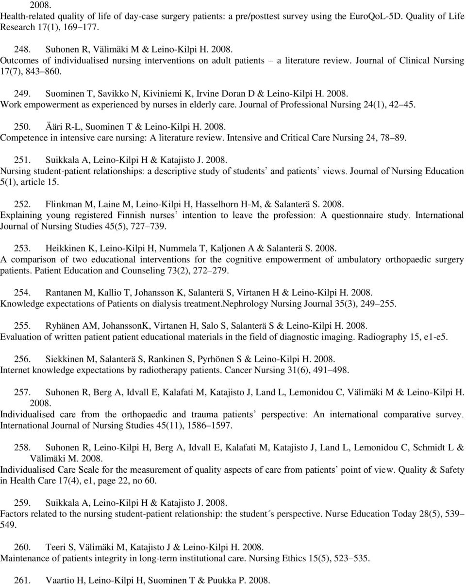 Suominen T, Savikko N, Kiviniemi K, Irvine Doran D & Leino-Kilpi H. 2008. Work empowerment as experienced by nurses in elderly care. Journal of Professional Nursing 24(1), 42 45. 250.