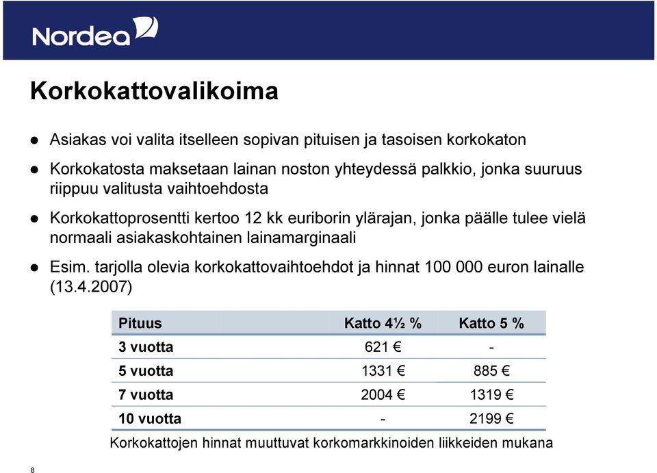 asiakaskohtainen lainamarginaali Esim. tarjolla olevia korkokattovaihtoehdot ja hinnat 100 000 euron lainalle (13.4.