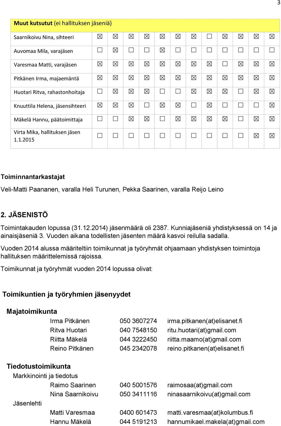 JÄSENISTÖ Toimintakauden lopussa (31.12.2014) jäsenmäärä oli 2387. Kunniajäseniä yhdistyksessä on 14 ja ainaisjäseniä 3. Vuoden aikana todellisten jäsenten määrä kasvoi reilulla sadalla.