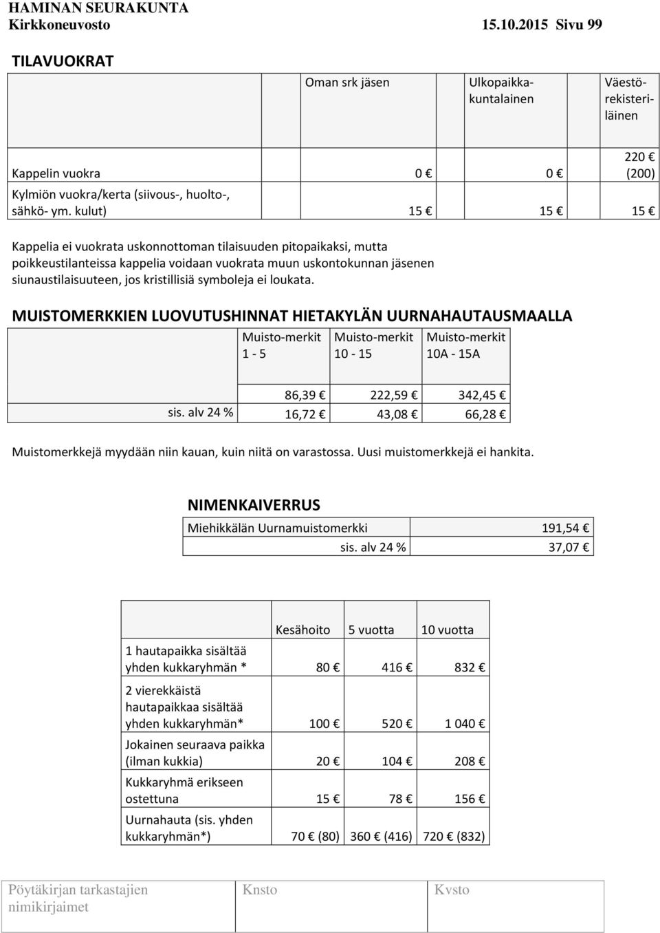 symboleja ei loukata. MUISTOMERKKIEN LUOVUTUSHINNAT HIETAKYLÄN UURNAHAUTAUSMAALLA Muisto-merkit 1-5 Muisto-merkit 10-15 Muisto-merkit 10A - 15A 86,39 222,59 342,45 sis.