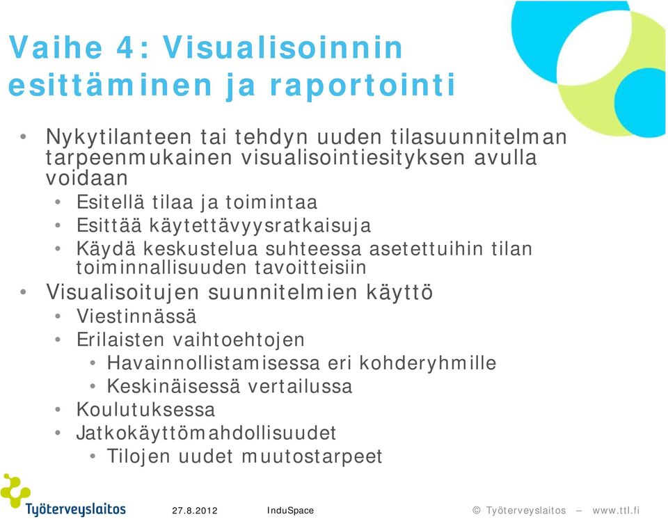 asetettuihin tilan toiminnallisuuden tavoitteisiin Visualisoitujen suunnitelmien käyttö Viestinnässä Erilaisten