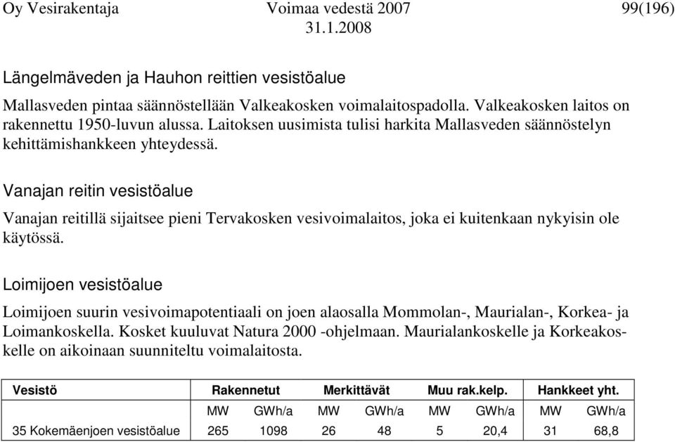 Vanajan reitin vesistöalue Vanajan reitillä sijaitsee pieni Tervakosken vesivoimalaitos, joka ei kuitenkaan nykyisin ole käytössä.