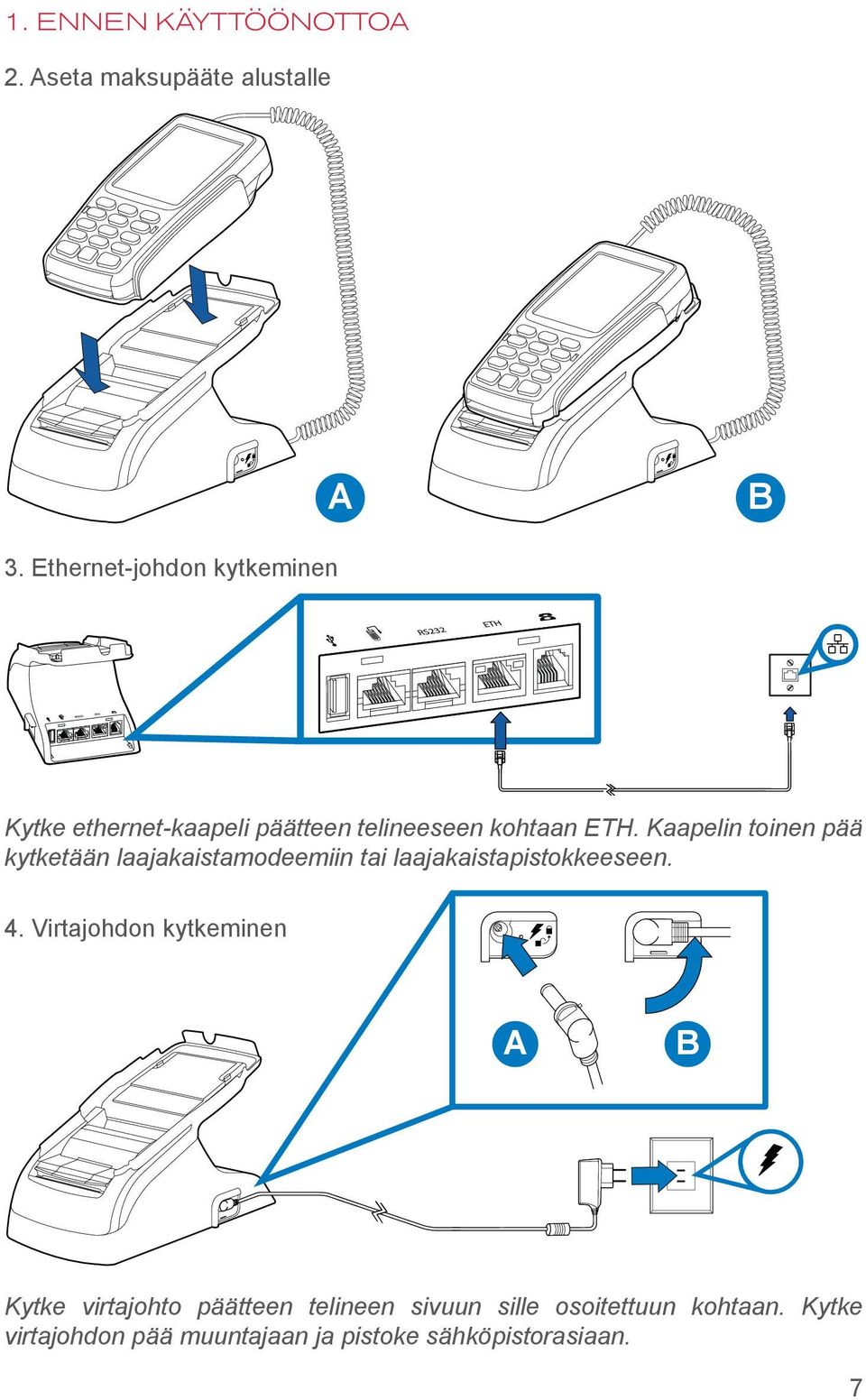 Kaapelin toinen pää kytketään laajakaistamodeemiin tai laajakaistapistokkeeseen. 4.