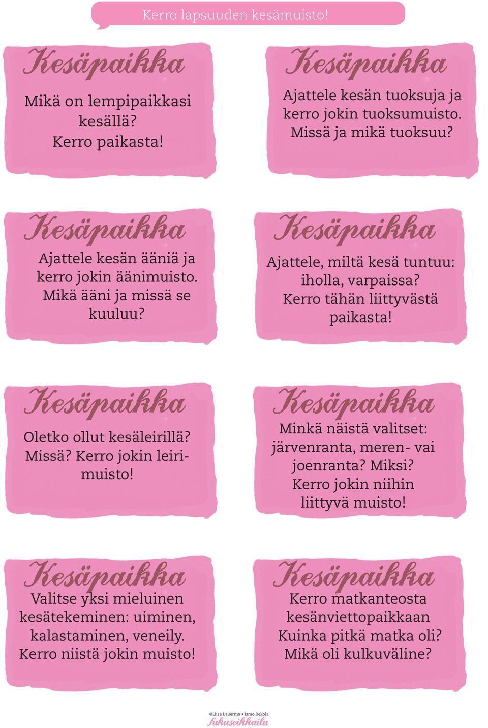 Oletko ollut kesäleirillä? Missä? Kerro jokin leirimuisto! Minkä näistä valitset: järvenranta, meren- vai joenranta? Miksi? Kerro jokin niihin liittyvä muisto!