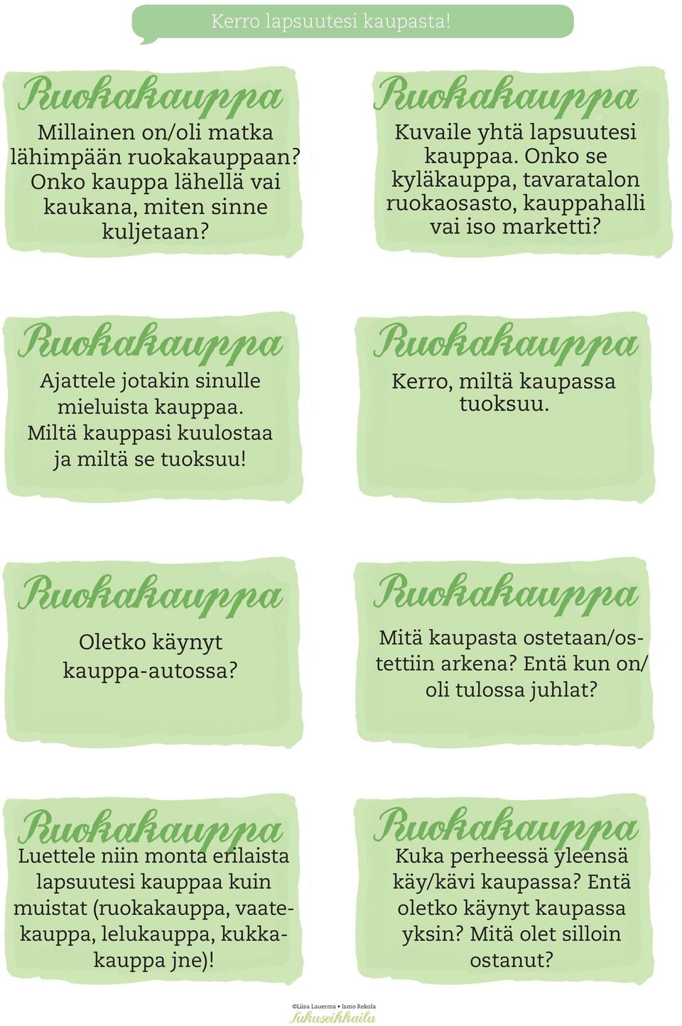 Kerro, miltä kaupassa tuoksuu. Oletko käynyt kauppa-autossa? Mitä kaupasta ostetaan/ostettiin arkena? Entä kun on/ oli tulossa juhlat?