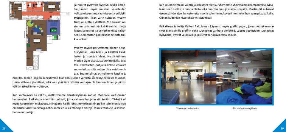 Kun suunnitelma oli valmis ja kalusteet tilattu, ryhdyimme yhdessä maalaamaan tilaa. Maalaamiseen osallistui nuoria tilalta sekä nuorten puu- ja maalauspajalta. Maalisudit suihkivat usean päivän ajan.