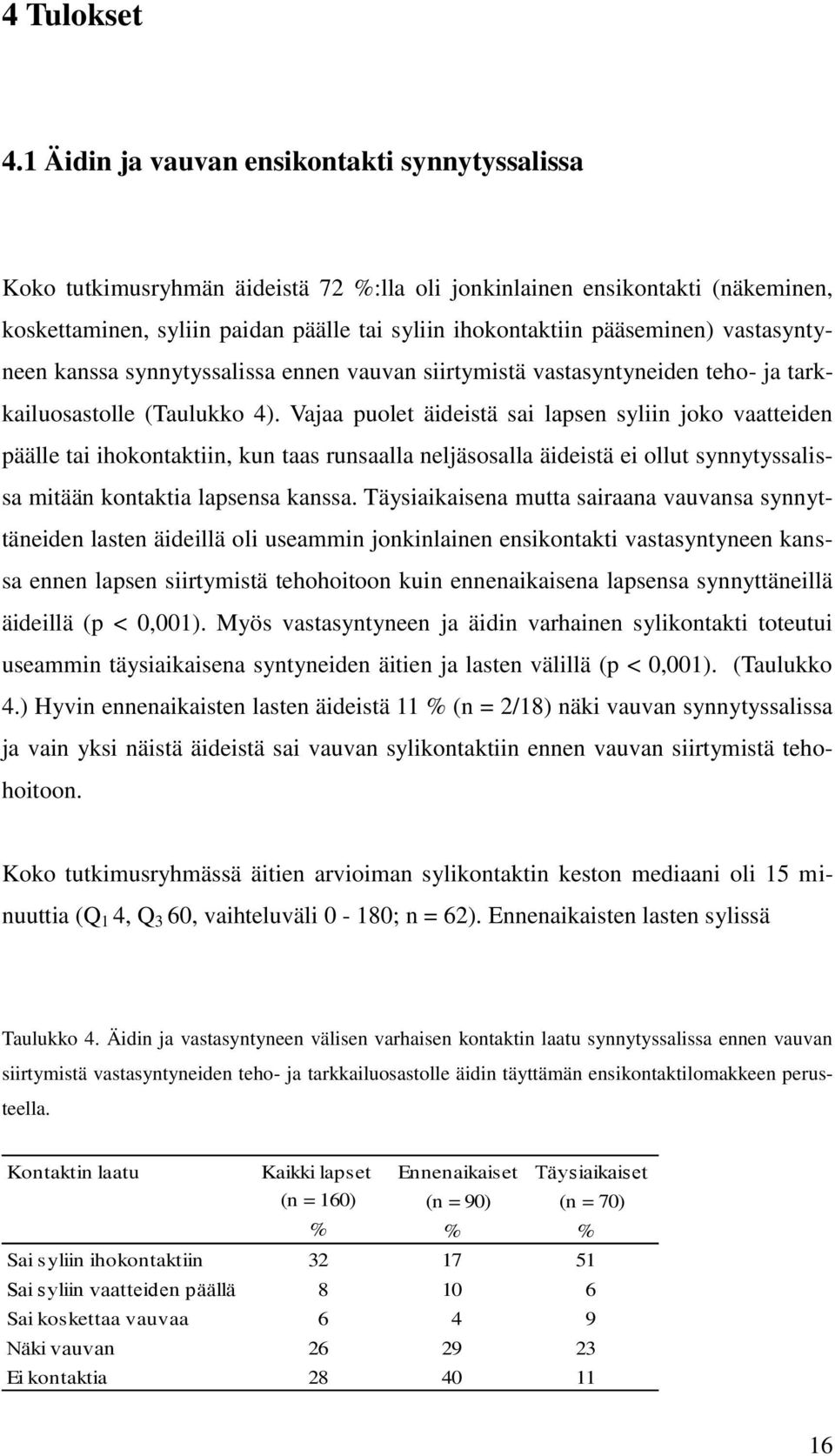 vastasyntyneen kanssa synnytyssalissa ennen vauvan siirtymistä vastasyntyneiden teho- ja tarkkailuosastolle (Taulukko 4).