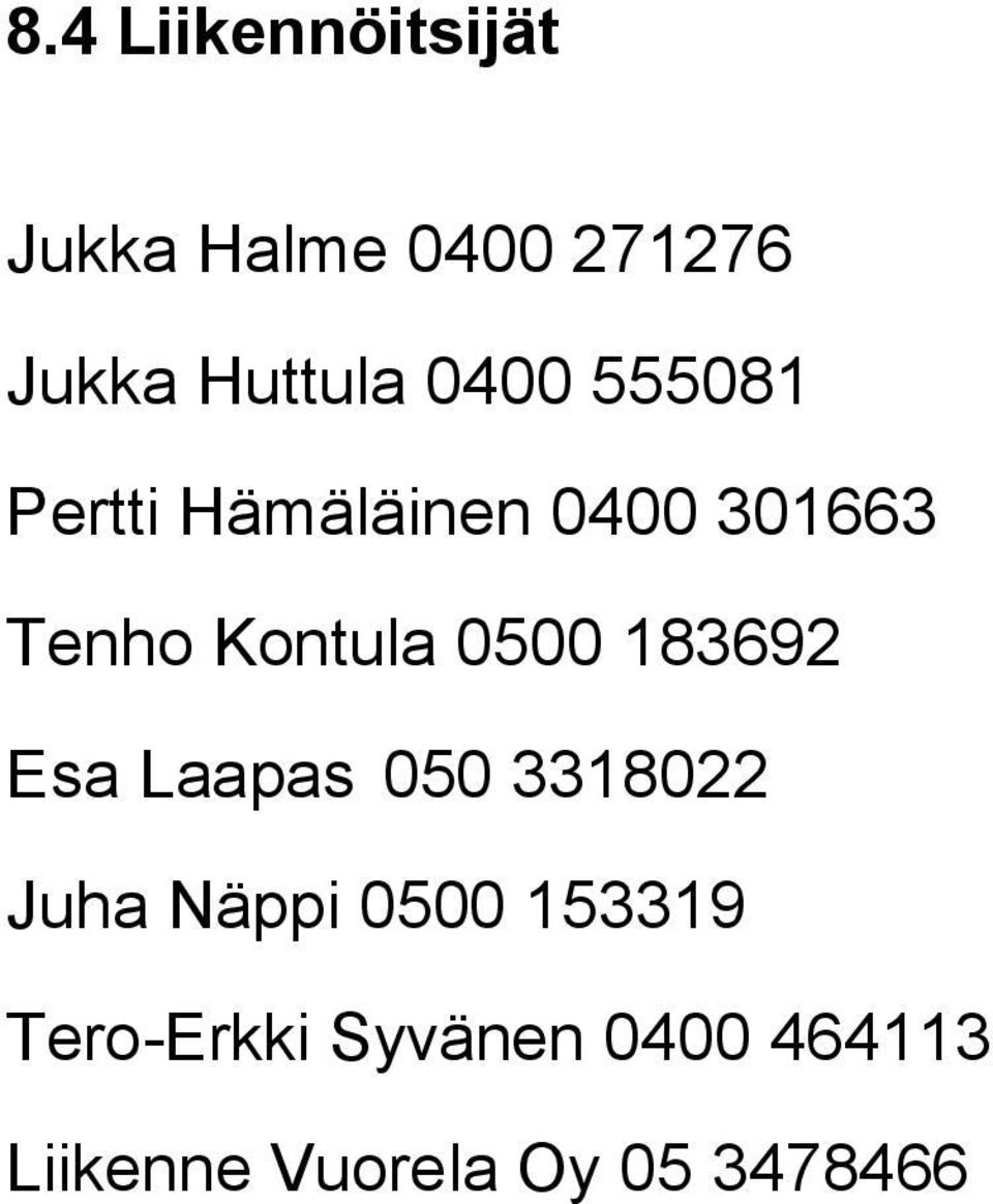 0500 183692 Esa Laapas 050 3318022 Juha Näppi 0500 153319