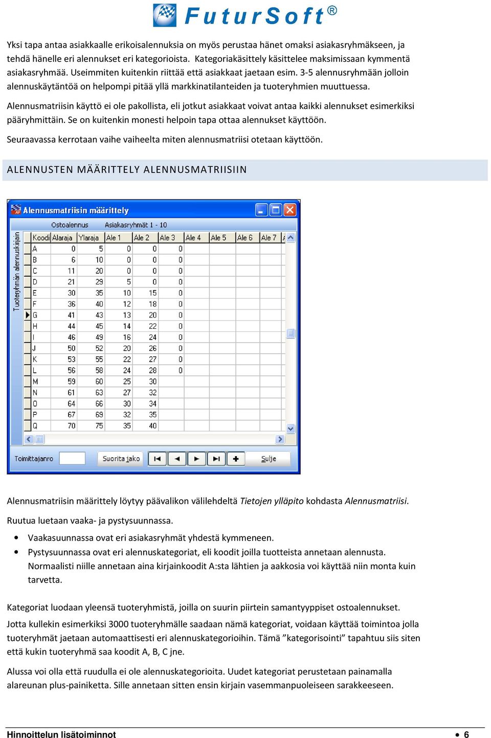 3-5 alennusryhmään jolloin alennuskäytäntöä on helpompi pitää yllä markkinatilanteiden ja tuoteryhmien muuttuessa.