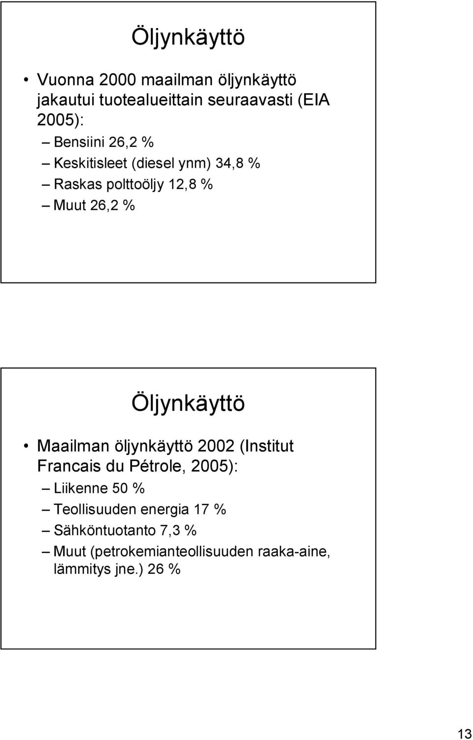 Öljynkäyttö Maailman öljynkäyttö 2002 (Institut Francais du Pétrole, 2005): Liikenne 50 %