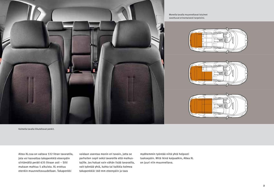 XL erottuu etenkin muunneltavuudellaan. Takapenkki voidaan asentaa monin eri tavoin, jotta se parhaiten sopii sekä tavaroille että matkustajille.