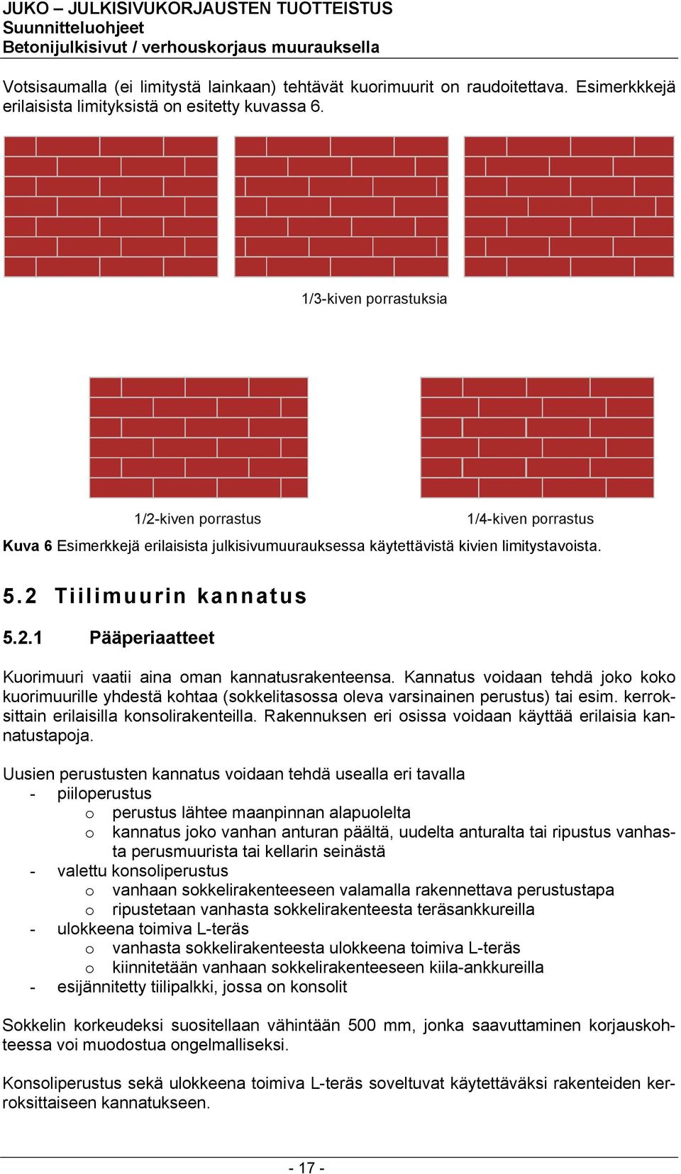 Kannatus voidaan tehdä joko koko kuorimuurille yhdestä kohtaa (sokkelitasossa oleva varsinainen perustus) tai esim. kerroksittain erilaisilla konsolirakenteilla.