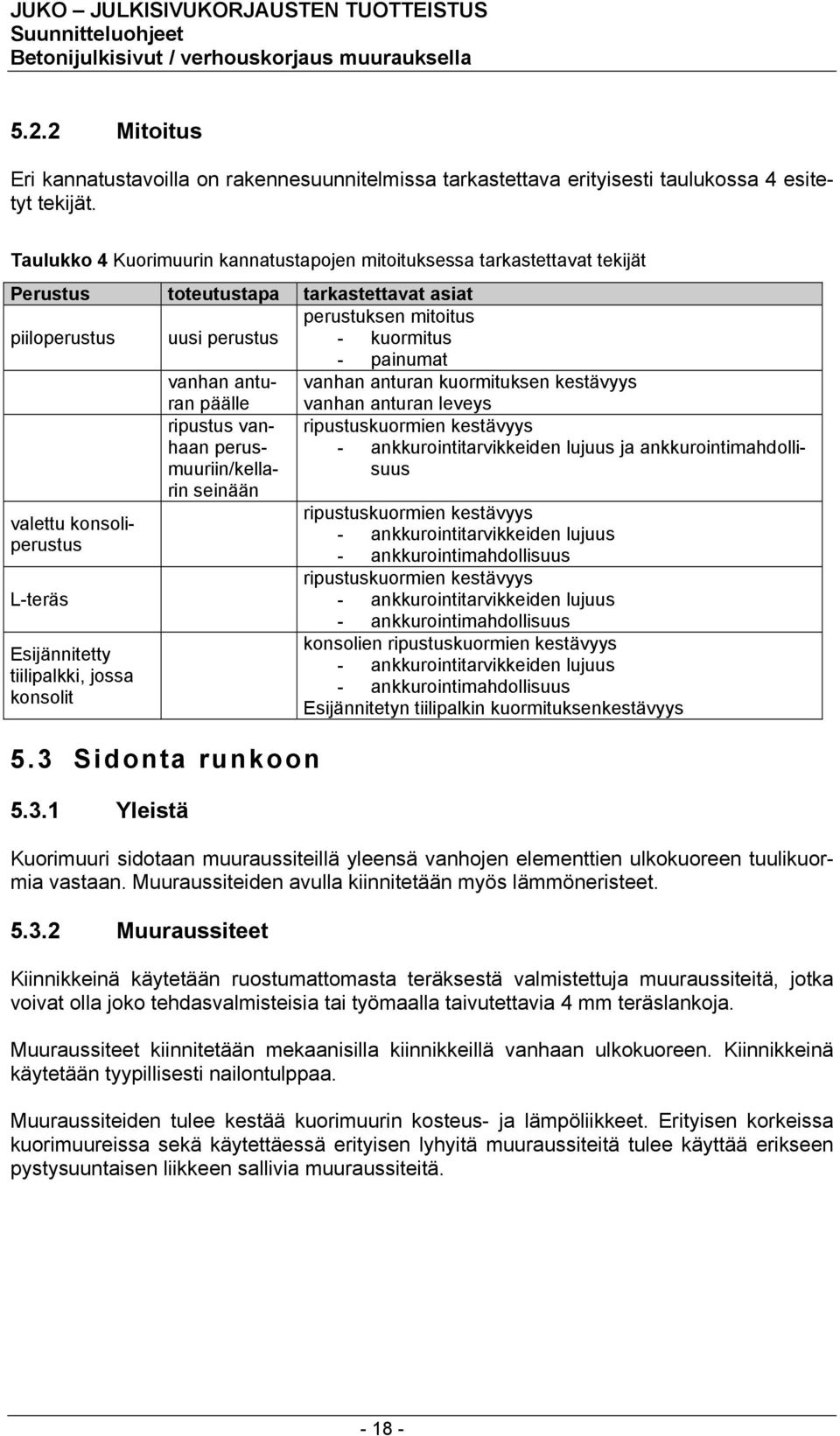 anturan päälle vanhan anturan kuormituksen kestävyys vanhan anturan leveys ripustus vanhaan perusmuuriin/kellarin seinään valettu konsoliperustus L-teräs Esijännitetty tiilipalkki, jossa konsolit 5.