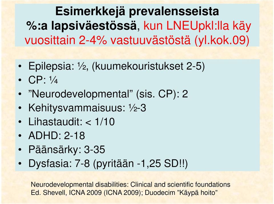 CP): 2 Kehitysvammaisuus: ½-3 Lihastaudit: < 1/10 ADHD: 2-18 Päänsärky: 3-35 Dysfasia: 7-8 (pyritään