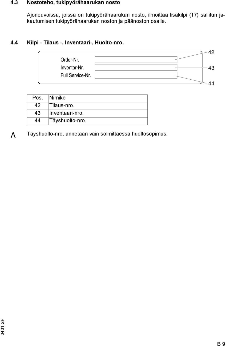 osalle. 4.4 Kilpi - Tilaus -, Inventaari-, Huolto-nro. 42 43 44 Pos. Nimike 42 Tilaus-nro.