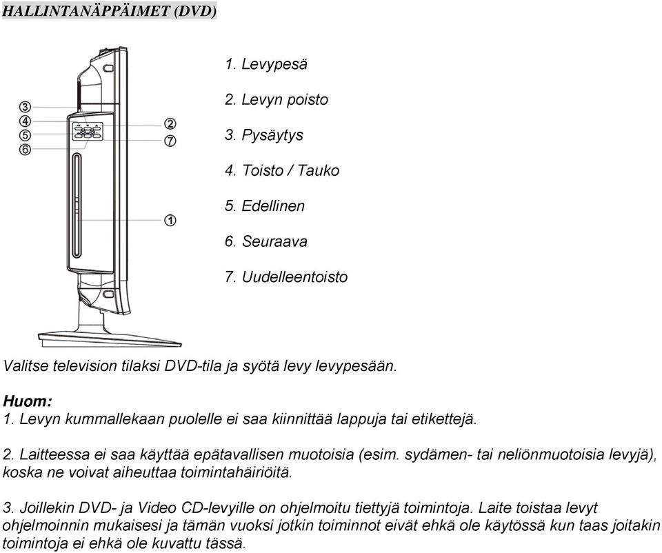 Laitteessa ei saa käyttää epätavallisen muotoisia (esim. sydämen- tai neliönmuotoisia levyjä), koska ne voivat aiheuttaa toimintahäiriöitä. 3.