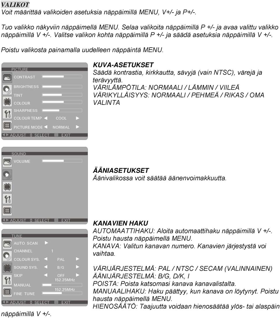 KUVA-ASETUKSET Säädä kontrastia, kirkkautta, sävyjä (vain NTSC), värejä ja terävyyttä.