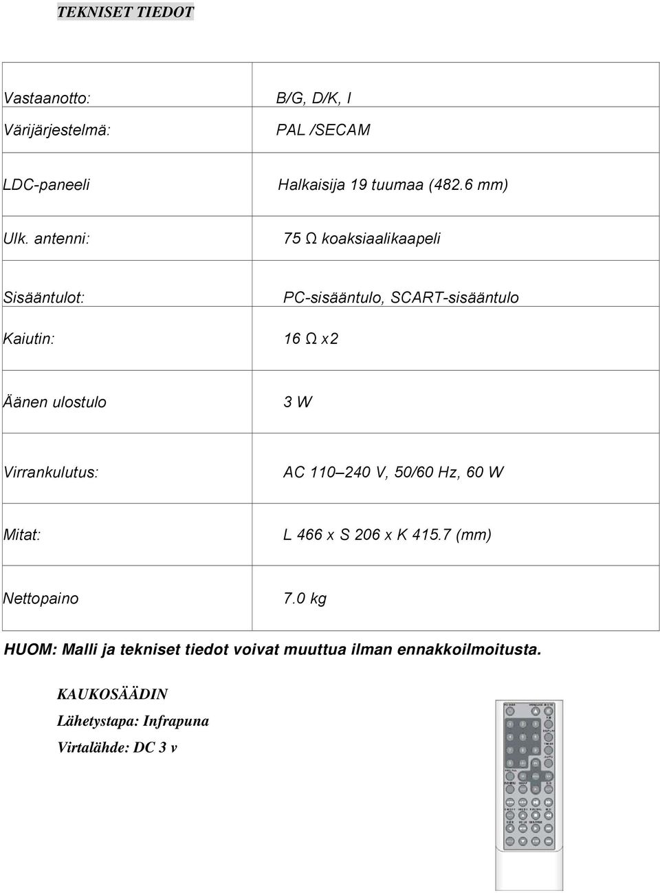 antenni: 75 Ω koaksiaalikaapeli Sisääntulot: Kaiutin: PC-sisääntulo, SCART-sisääntulo 16 Ω x2 Äänen ulostulo 3