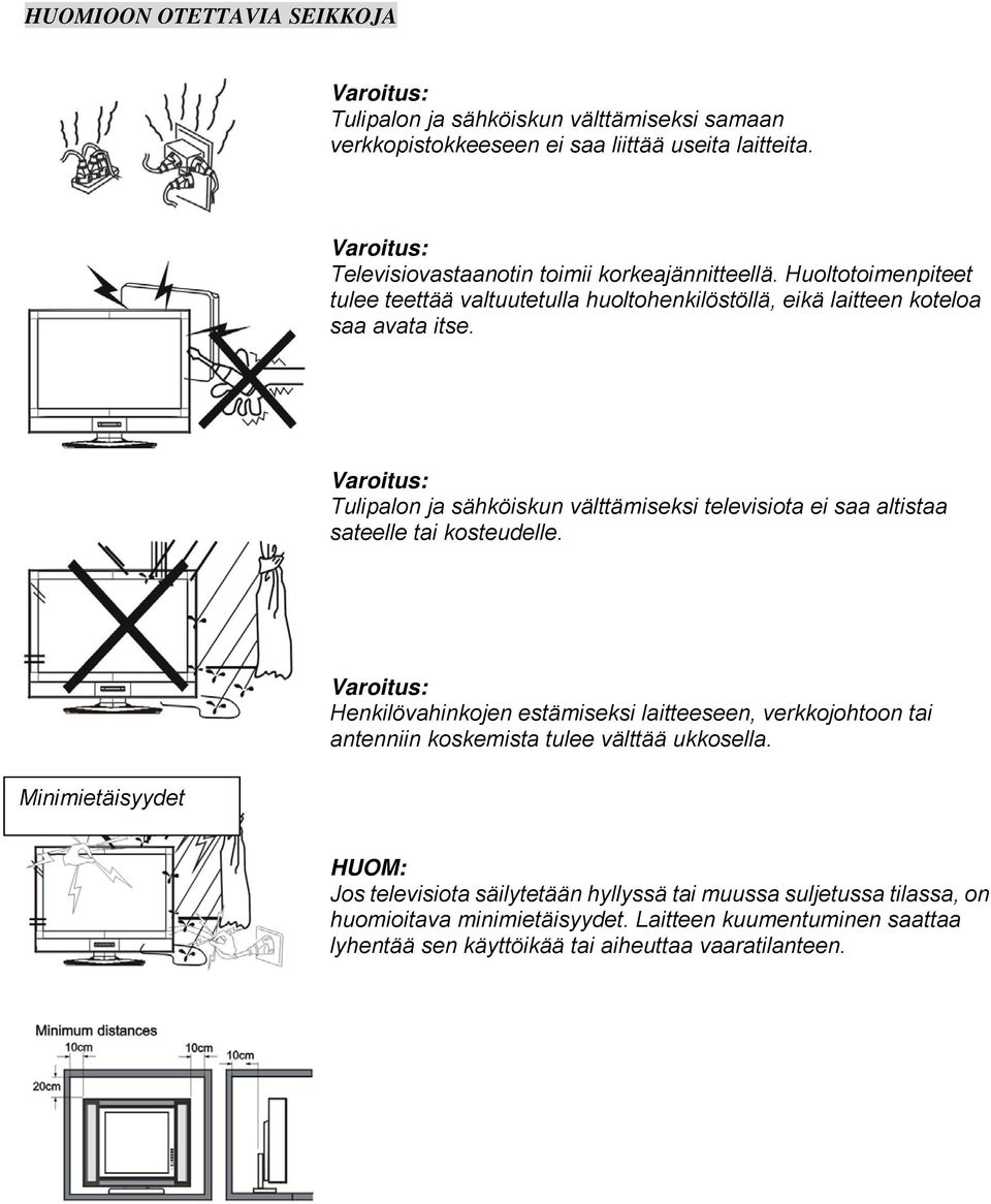 Varoitus: Tulipalon ja sähköiskun välttämiseksi televisiota ei saa altistaa sateelle tai kosteudelle.