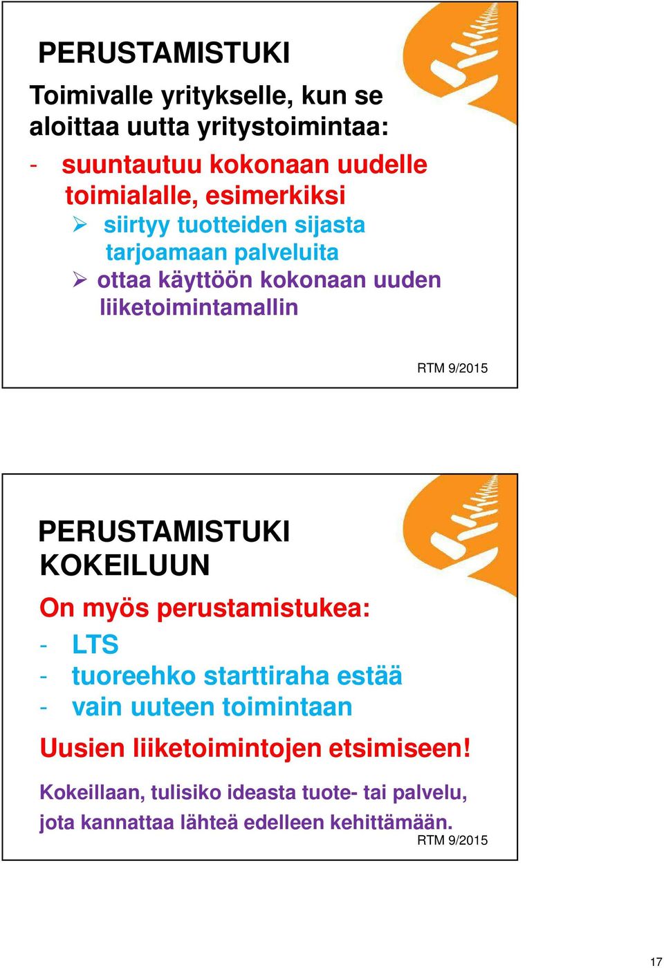 PERUSTAMISTUKI KOKEILUUN On myös perustamistukea: - LTS - tuoreehko starttiraha estää - vain uuteen toimintaan Uusien