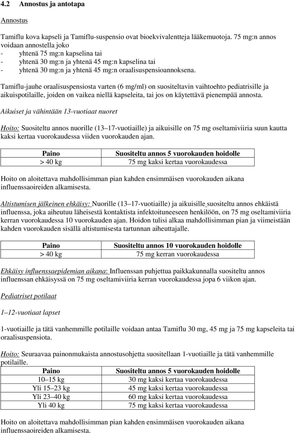 Tamiflu-jauhe oraalisuspensiosta varten (6 mg/ml) on suositeltavin vaihtoehto pediatrisille ja aikuispotilaille, joiden on vaikea niellä kapseleita, tai jos on käytettävä pienempää annosta.