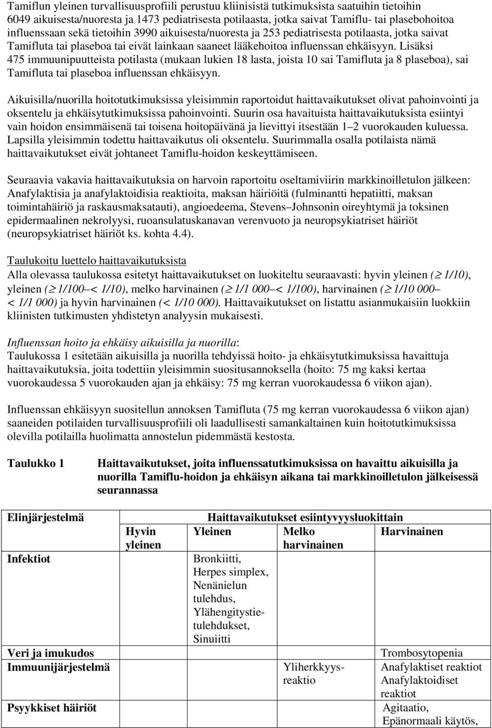 Lisäksi 475 immuunipuutteista potilasta (mukaan lukien 18 lasta, joista 10 sai Tamifluta ja 8 plaseboa), sai Tamifluta tai plaseboa influenssan ehkäisyyn.