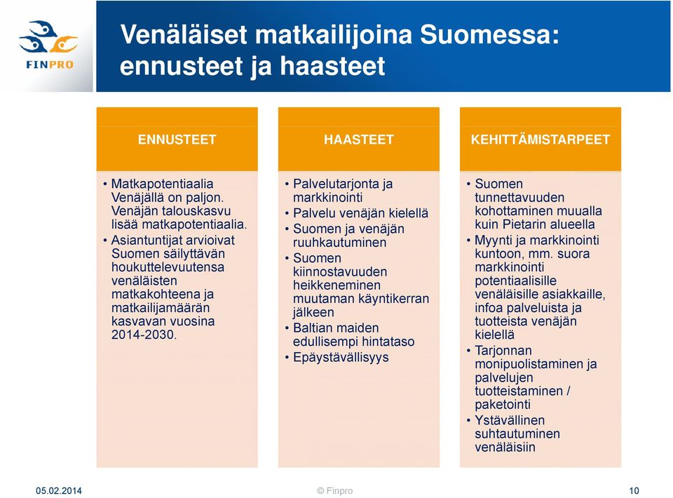 Palvelutarjonta ja markkinointi Palvelu venäjän kielellä Suomen ja venäjän ruuhkautuminen Suomen kiinnostavuuden heikkeneminen muutaman käyntikerran jälkeen Baltian maiden edullisempi hintataso