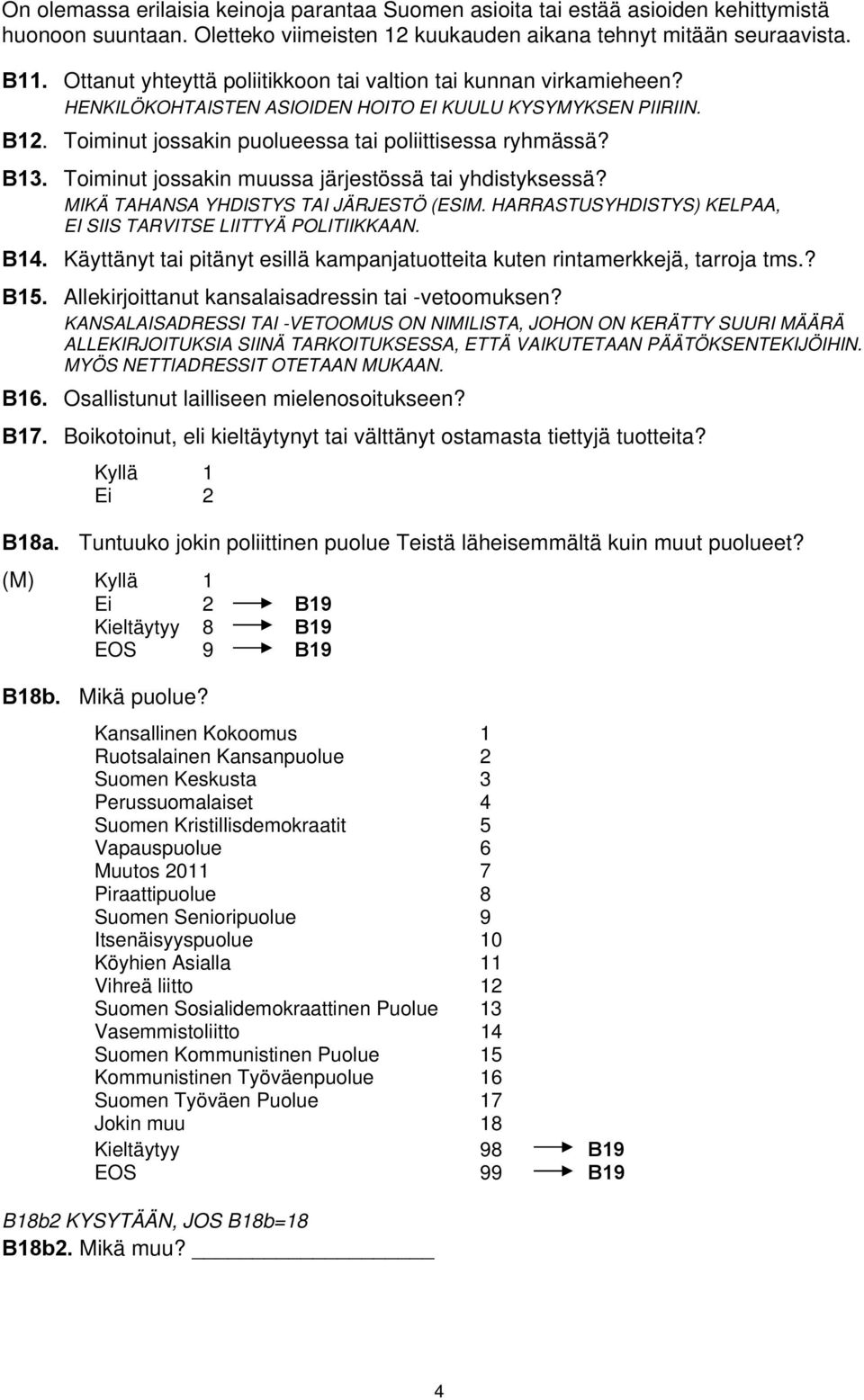Toiminut jossakin muussa järjestössä tai yhdistyksessä? MIKÄ TAHANSA YHDISTYS TAI JÄRJESTÖ (ESIM. HARRASTUSYHDISTYS) KELPAA, EI SIIS TARVITSE LIITTYÄ POLITIIKKAAN. B14.