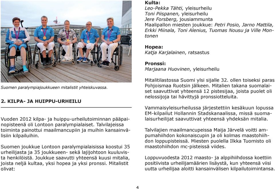 KILPA- JA HUIPPU-URHEILU Vuoden 2012 kilpa- ja huippu-urheilutoiminnan pääpainopisteenä oli Lontoon paralympialaiset.