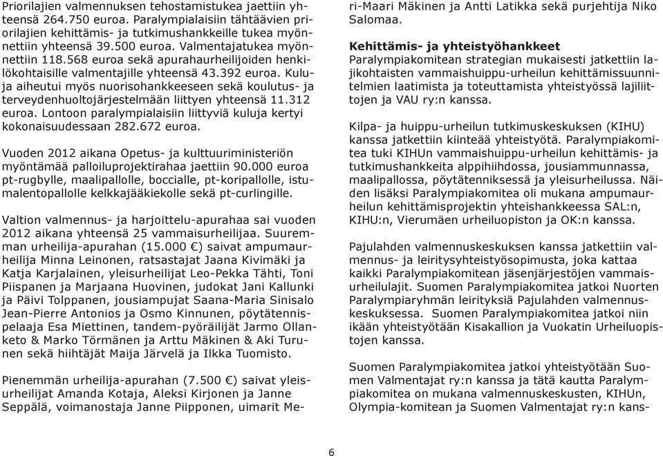 Kuluja aiheutui myös nuorisohankkeeseen sekä koulutus- ja terveydenhuoltojärjestelmään liittyen yhteensä 11.312 euroa. Lontoon paralympialaisiin liittyviä kuluja kertyi kokonaisuudessaan 282.