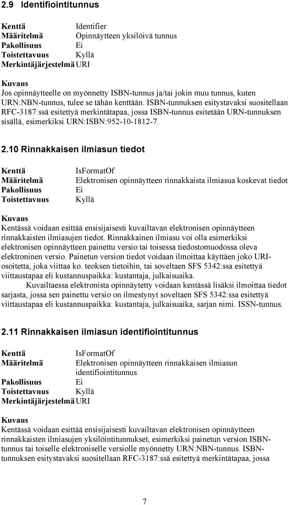 ISBN-tunnuksen esitystavaksi suositellaan RFC-3187:ssä esitettyä merkintätapaa, jossa ISBN-tunnus esitetään URN-tunnuksen sisällä, esimerkiksi URN:ISBN:952-10-1812-7. 2.