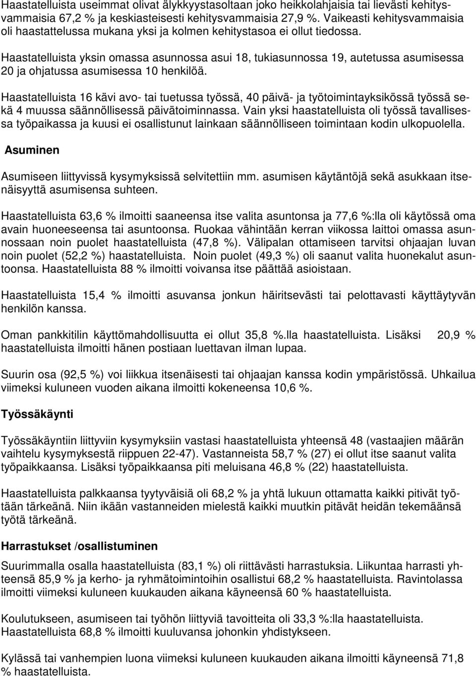 Haastatelluista yksin omassa asunnossa asui 18, tukiasunnossa 19, autetussa asumisessa 20 ja ohjatussa asumisessa 10 henkilöä.