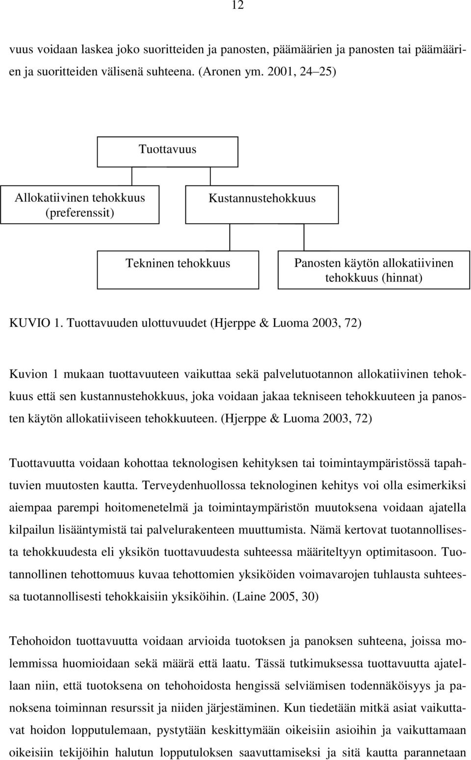 Tuottavuuden ulottuvuudet (Hjerppe & Luoma 2003, 72) Kuvion 1 mukaan tuottavuuteen vaikuttaa sekä palvelutuotannon allokatiivinen tehokkuus että sen kustannustehokkuus, joka voidaan jakaa tekniseen