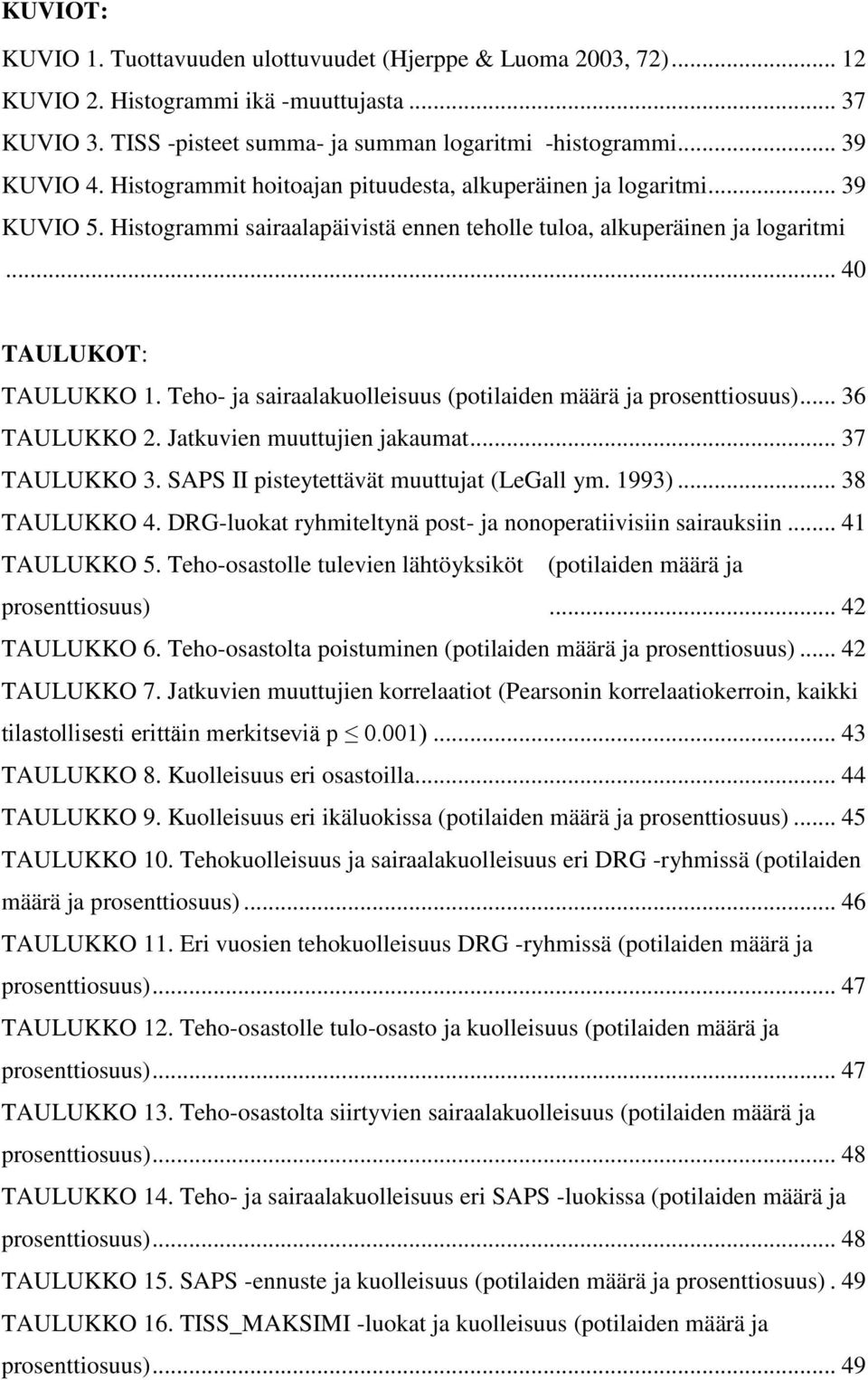 Teho- ja sairaalakuolleisuus (potilaiden määrä ja prosenttiosuus)... 36 TAULUKKO 2. Jatkuvien muuttujien jakaumat... 37 TAULUKKO 3. SAPS II pisteytettävät muuttujat (LeGall ym. 1993)... 38 TAULUKKO 4.